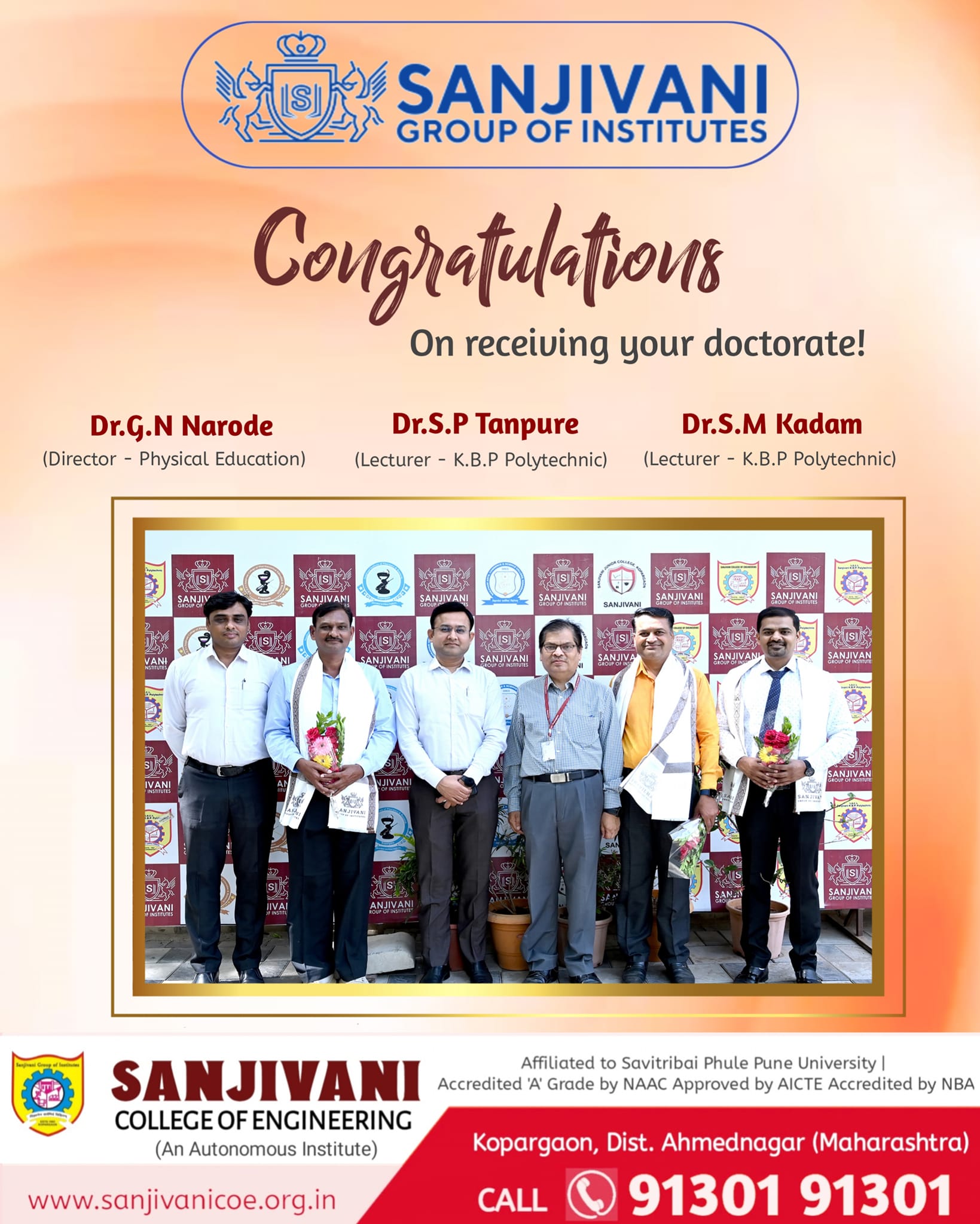 Happy to share that two of our staff ,Dr.S.M Kadam(Mechatronics Dept),Dr.S.P.Tanpure(Mechanical Dept) have completed their PHD recently